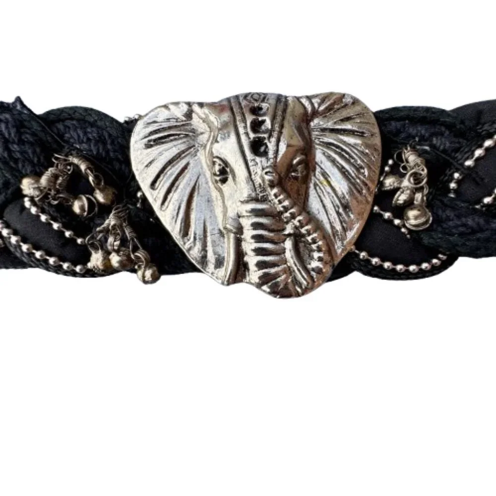 VTG Belt Braided Fabric Silver Elephant Buckle Hanging Charms Black 26-31